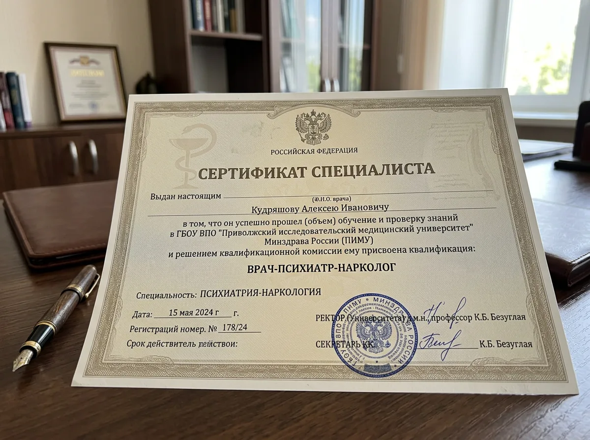 Сертификат специалиста врача психиатра-нарколога клиники НаркоМед НН, официальный документ с печатью медицинского вуза и подписью
